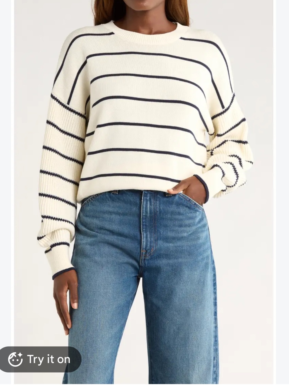 Madewell Rib Drop-Shoulder Cotton Crewneck Sweater. Cream Navy Stripe. Medium.
